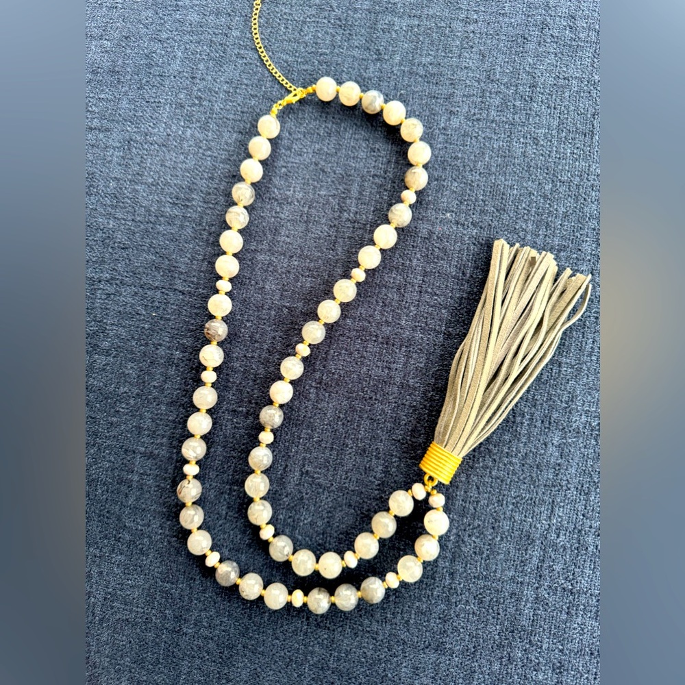 30in Beaded necklace gray with leather tassel mala – like
